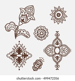 Mhendi. Henna tattoo doodle vector elements on white background