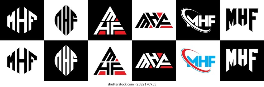 MHF letter logo design in six style. MHF polygon, circle, triangle, hexagon, flat and simple style with black and white color variation letter logo set in one artboard. MHF minimalist and classic logo