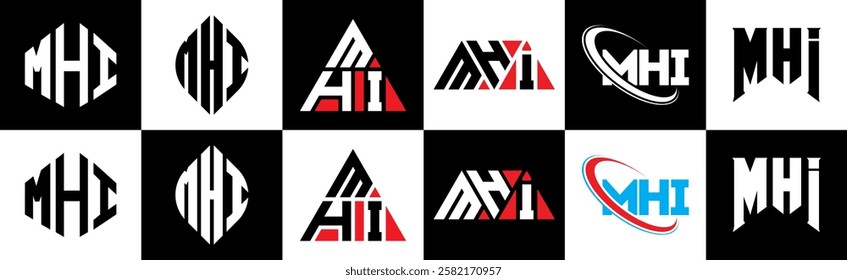 MHI letter logo design in six style. MHI polygon, circle, triangle, hexagon, flat and simple style with black and white color variation letter logo set in one artboard. MHI minimalist and classic logo