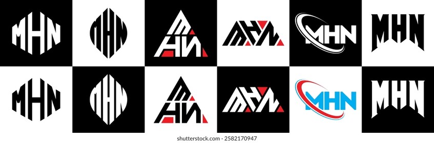 MHN letter logo design in six style. MHN polygon, circle, triangle, hexagon, flat and simple style with black and white color variation letter logo set in one artboard. MHN minimalist and classic logo