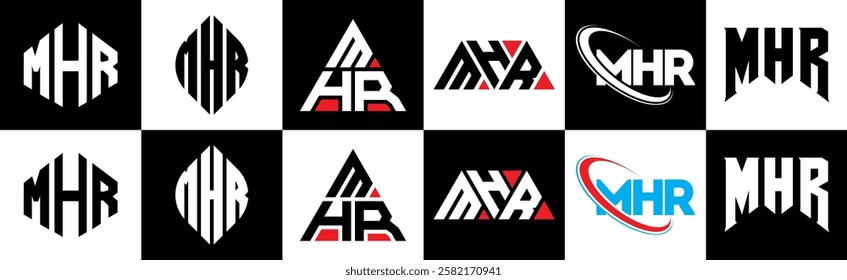 MHR letter logo design in six style. MHR polygon, circle, triangle, hexagon, flat and simple style with black and white color variation letter logo set in one artboard. MHR minimalist and classic logo