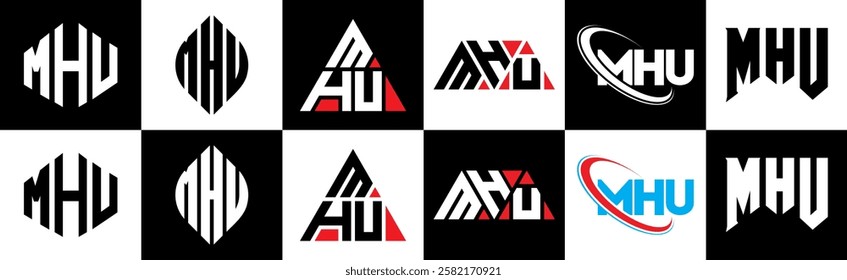 MHU letter logo design in six style. MHU polygon, circle, triangle, hexagon, flat and simple style with black and white color variation letter logo set in one artboard. MHU minimalist and classic logo