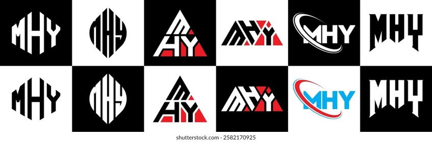 MHY letter logo design in six style. MHY polygon, circle, triangle, hexagon, flat and simple style with black and white color variation letter logo set in one artboard. MHY minimalist and classic logo