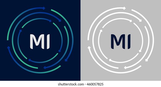 MI design template elements in abstract background logo, identity in circle, letters business icon, blue/green alphabet letters, simplicity graphics