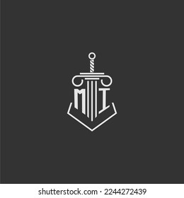 MI initial monogram law firm with sword and pillar logo design