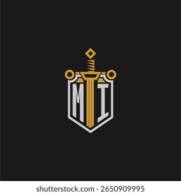 Monograma inicial do MI para imagem de escudo e espada