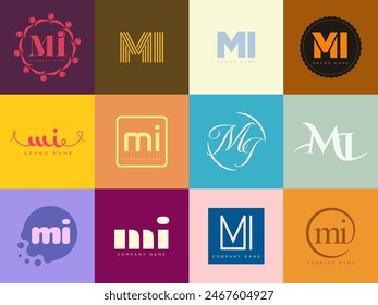 MI logo company template. Letter m and i logotype. Set different classic serif lettering and modern bold text with design elements. Initial font typography. Collection trendy business identity.