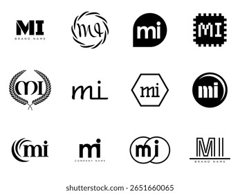 Modelo da empresa do logotipo MI. Letra m e eu logotipo. Defina diferentes letras serifas clássicas e texto em negrito moderno com elementos de design. Tipografia inicial da fonte. Coleção de identidade de negócios na moda.