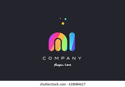 mi m i  creative rainbow green orange blue purple magenta pink artistic alphabet company letter logo design vector icon template