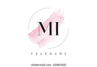 MI M I Watercolor Letter Logo Design with Circular Shape and Pastel Pink Brush.