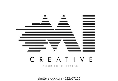MI M I Zebra Letter Logo Design with Black and White Stripes Vector
