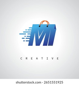 Monograma de compras MI - Logotipo de comércio eletrônico de entrega rápida com ícone de saco e marca digital para loja online, varejo e identidade logística
