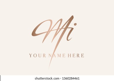 MI signature style monogram.Lettering icon.Typographic script logo with lowercase letter m and letter i.Calligraphic initials in rose gold metallic color isolated on light background.