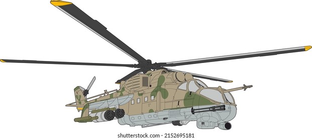 The MI-24 combat helicopter developed in the USSR and still used today. An excellent combat vehicle that has proved itself in many conflicts