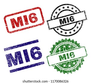 MI6 seal prints with corroded surface. Black, green,red,blue vector rubber prints of MI6 tag with corroded texture. Rubber seals with round, rectangle, medal shapes.