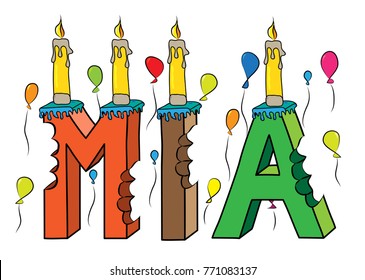 Mia first name bitten colorful 3d lettering birthday cake with candles and balloons.