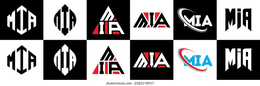 MIA letter logo design in six style. MIA polygon, circle, triangle, hexagon, flat and simple style with black and white color variation letter logo set in one artboard. MIA minimalist and classic logo