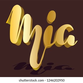 Mia Woman's name gold shadow pattern Hand sketched lettering vector illustration EPS 10 Template as banner, card, design, print poster Typography wallpaper Modern calligraphy Drawn inspirational