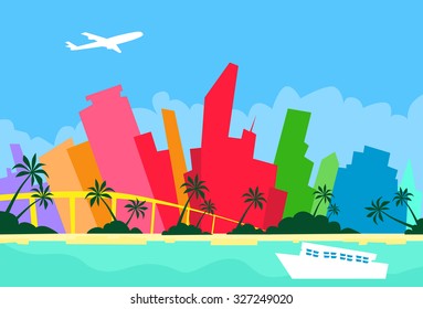 Miami Abstract Skyline City Skyscraper Silhouette Flat Colorful Vector Illustration