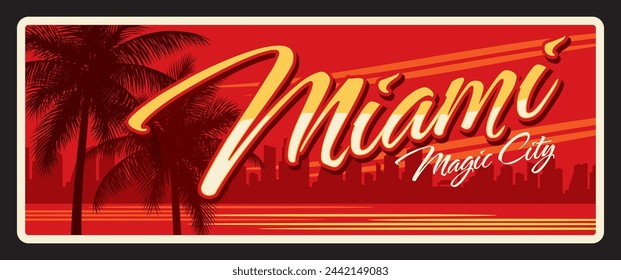 Miami american city retro travel plate, tin sign, tourist sticker. United States of America plaque, vector banner USA retro souvenir card with beach and palm trees, cityscape silhouette