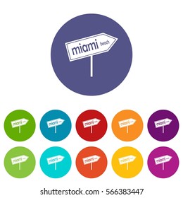 Miami arrow post sign set icons in different colors isolated on white background