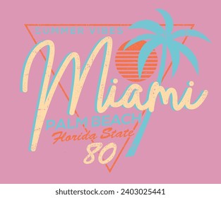 Miami beach 80s print. Summer vintage graphic print design. Beach vibes  print design. Hand sketch beach vector design. Sunrise  t-shirt prints and other uses. 