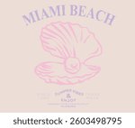 Miami beach artwork. Seashell vintage artwork. Summer vibes artwork. Seashell line drawing.