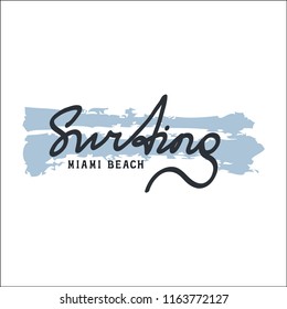 MIAMI BEACH BADGE. Design fashion apparel on light background. T shirt graphic vintage vector illustration label logo template.
