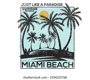 Miami Beach With Black Palm Tree Vector T-shirt Design. Summer Vibes Artwork Design.