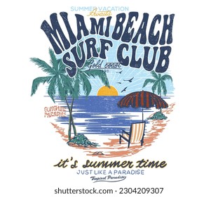 Miami beach con diseño de camisetas vectoriales de palmeras negras. diseño artístico de las vibraciones de verano. Club de surf.