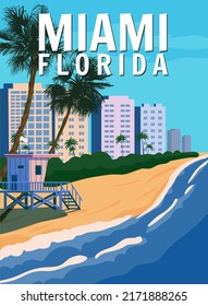 Miami Beach City Skyline, Retro Poster. Coast, Surf, Ocean. Vector Illustration Vintage