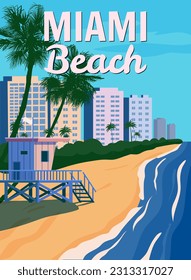 Miami Beach, City Skyline, Retro Poster. Lifeguard house, coast, surf, ocean. Vector illustration vintage