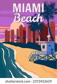 Miami Beach, City Skyline, Retro Poster. Sunset, Lifeguard house, coast, surf, ocean. Vector illustration vintage