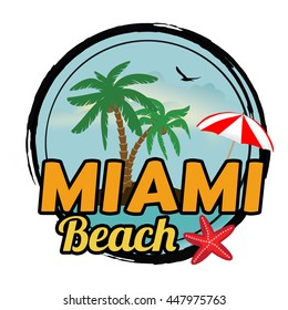 Miami beach concept in vintage graphic style for t-shirt and other print production on white background, vector illustration