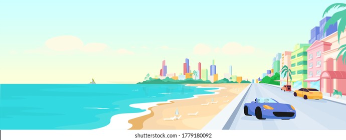 Miami beach at daytime flat color vector illustration. Summer holiday in Florida. Seaside urban vacation. South beach panoramic view 2D cartoon landscape with skyline on background