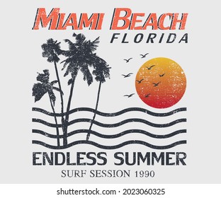 Miami beach florida  graphic t shirt design for summer. Line wave and  gradient sun with palm tree print design for  patch, sticker, batch, apparel, logo, embroidery, wallpaper etc. 