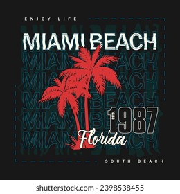 Miami beach, Florida, paradise typography graphic t-shirt design vector on a beach theme. Miami beach college style slogan print. Tee shirt and apparel print design. Vector illustration.