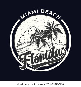 Miami Beach, Florida State - vintage for design clothes, t-shirts with palm trees and waves. Graphics for print product, apparel. Vector illustration.