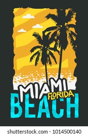Miami Beach Florida Summer Poster Design With Palm Trees Illustration. Vector Graphic.