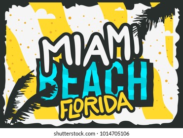 Miami Beach Florida Summer Poster Design With Palm Leaves Illustration. Vector Graphic.