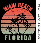 Miami beach Florida tee print with palm tree, T-shirt design, Beach Vector Artwork for summer, Beach vibes vintage graphic print design for apparel, and others.

