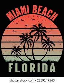 Miami beach Florida tee print with palm tree, T-shirt design, Beach Vector Artwork for summer, Beach vibes vintage graphic print design for apparel, and others.
