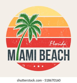 Miami beach Florida tee print with palm tree. T-shirt design, graphics, stamp, label, typography.