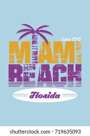 Miami beach Florida tee print with palm tree. T-shirt design, graphics, stamp, label, typography