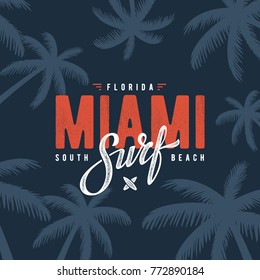 Miami beach Florida tee print with palm tree. T-shirt design, graphics, stamp, label, typography.