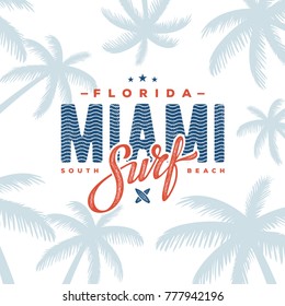 Miami beach Florida tee print with palm tree. T-shirt design, graphics, stamp, label, typography.