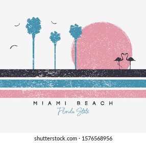 Miami Beach, Florida t-shirt design with flamingo and palm trees. Typography graphics for t shirt with stripes and grunge. Print for apparel. Vector illustration.