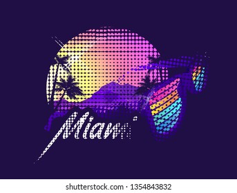 Miami Beach, futuristic dawn stylized badge in retro style on a dark background pico image, T-shirt printing