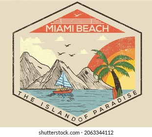 Miami beach graphic artwork for t shirt and others. Mountain with palm tree retro vintage hand sketch print design. 