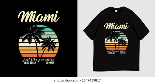  Miami beach graphic t-shirt design. Summer clothing vector illustration with palm tree silhouette and sun symbol. Ready to print for t-shirts, apparel, tees, clothing and fashion.